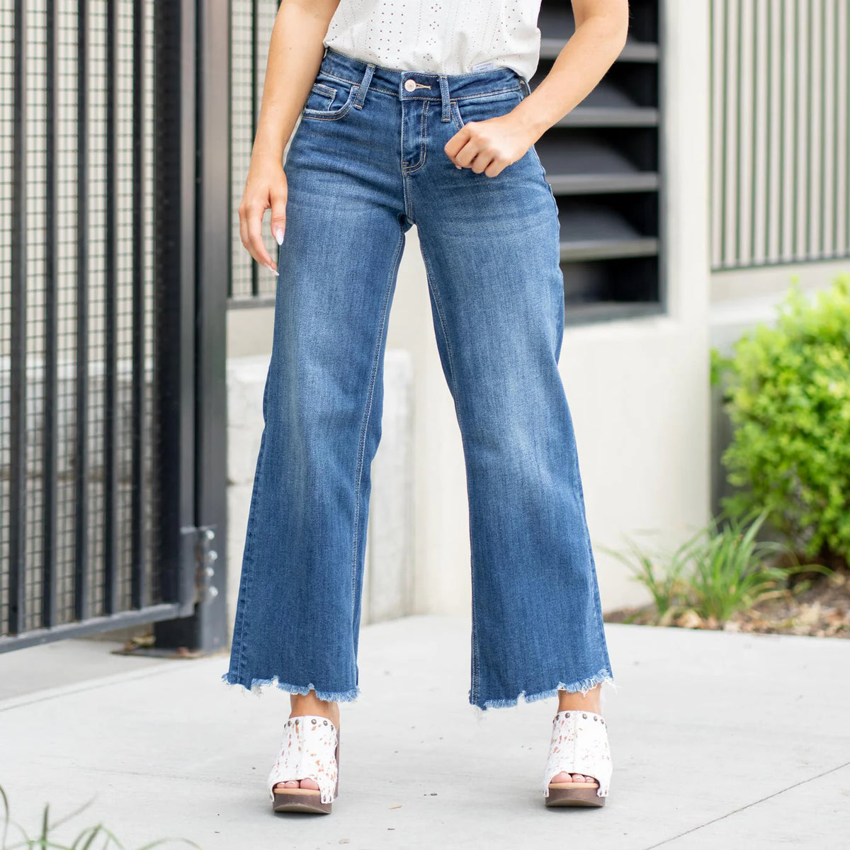 Mid Rise Raw Hem Wide Leg Jeans
