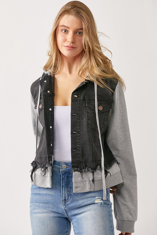 Denim jacket layered hoodie hot sale