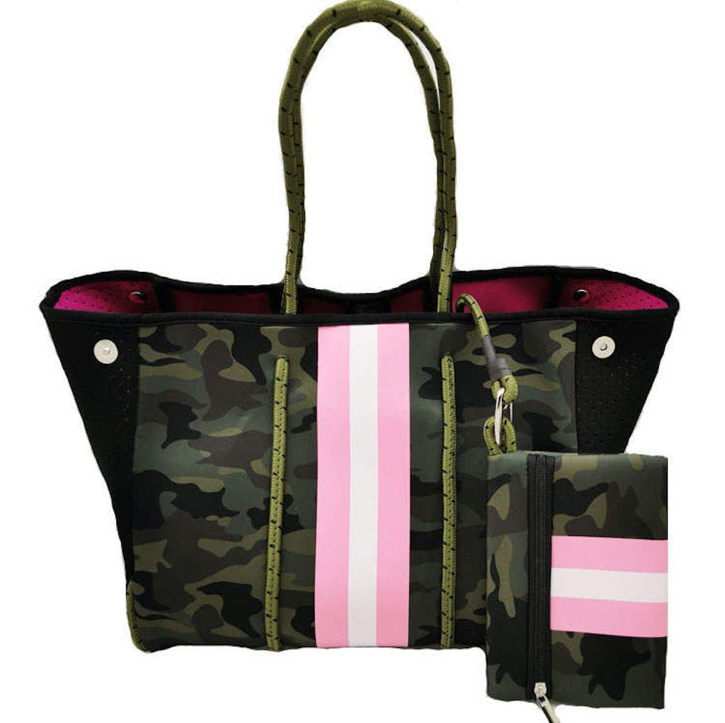 Neoprene Tote Camo Purse With Pink Stripe Neoprene Camo Tote Pink
